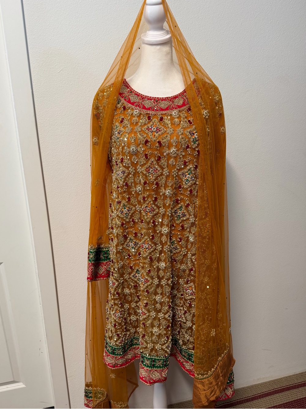 Heavy Bridal Mustard Gold Pakistani 3 Piece Embroidered Shalwar Kameez